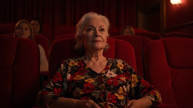 Elderly woman watching movie in theater. Senior sitting in red cinema seat with calm expression. Portrait style shot of audience member focused on screen. Quiet intimate atmosphere in dim auditorium.