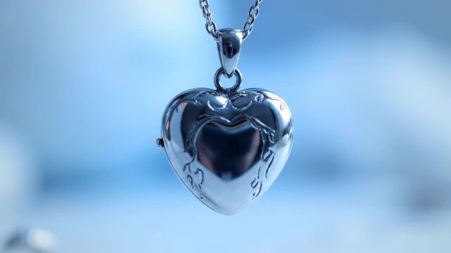 Romantic silver heart locket with intricate engravings gently spinning. Elegant jewelry gift for Valentine's Day or anniversary celebration
