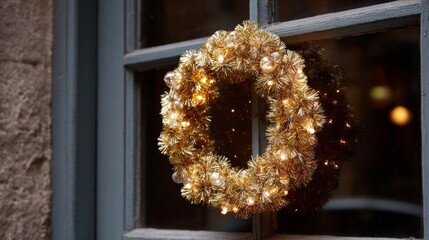 Golden tinsel wreath glimmers on frosty window, evoking Yule traditions and cozy hygge vibes, illuminating winter solstice nights