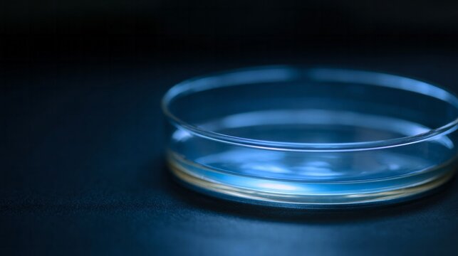Translucent petri dish shimmers in enigmatic azure glow, capturing essence of Science Day curiosity and cryptic laboratory alchemy