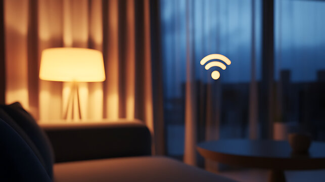 Cozy living space with warm lighting, showing a comfortable sofa, lamp, and a glowing WiFi symbol indicating connectivity in a modern, relaxing home environment.