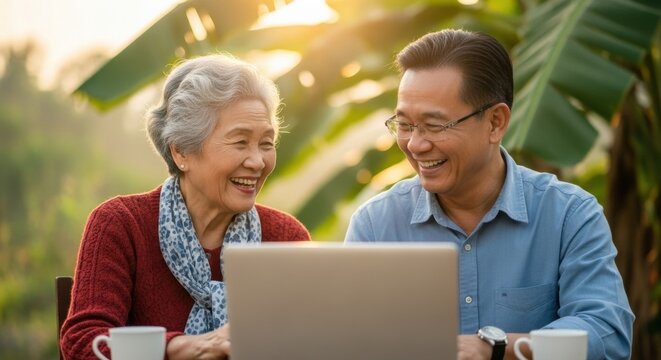 Elderly asian couple enjoying time together while using laptop outdoors