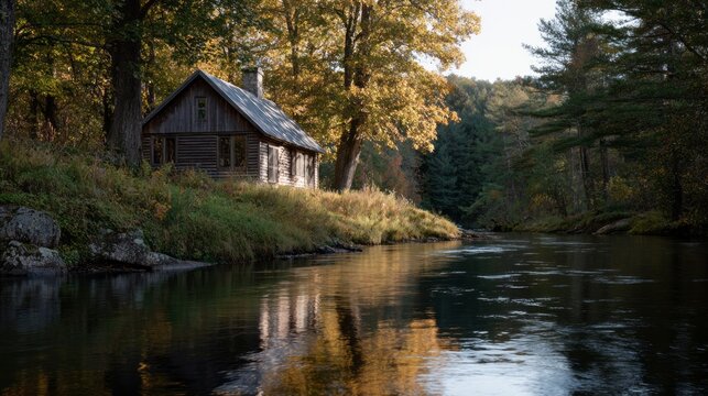 Rustic log cabin nestles quietly by an autumn-hued river, perfect for Samhain meditation and hygge-inspired solitude - Powered by Adobe