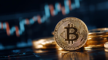 Moeda de Bitcoin em destaque simbolizando criptomoeda, finanças digitais, inovação tecnológica e investimentos no mercado financeiro global