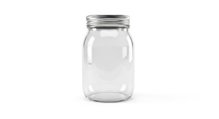 Clear glass jar with silver metal lid isolated product shot isolated on white background