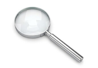 Close-up of a metal magnifying glass with a sleek handle isolated on a plain surface