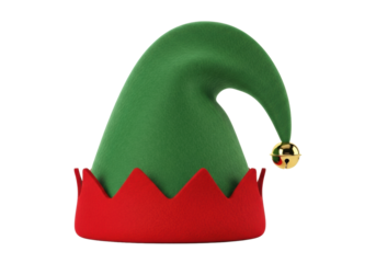 A full object of a festive green elf hat with a pointed top, soft felt texture, red zigzag brim, and a golden jingle bell on a transparent isolated background, joyful holiday spirit