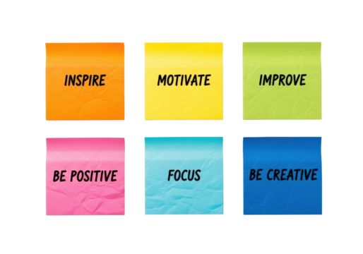 Six vibrant, crumpled sticky notes with handwritten 'INSPIRE', 'MOTIVATE', 'IMPROVE', 'BE POSITIVE', 'FOCUS', 'BE CREATIVE' on a white background, top-down studio shot, minimalist positive concept