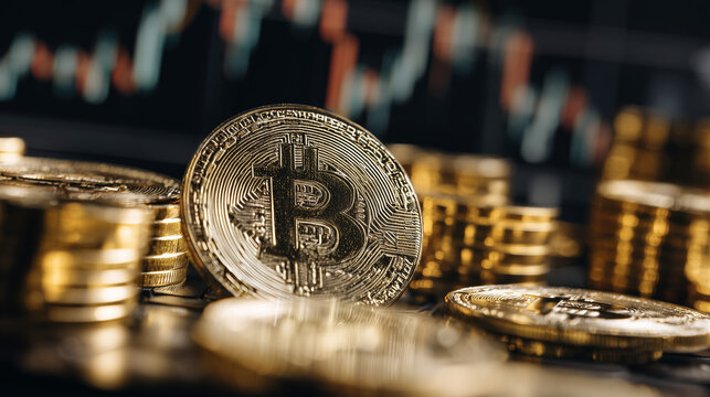 Moeda dourada de Bitcoin representando tecnologia blockchain, economia digital, investimento moderno e crescimento no mercado de criptomoedas
