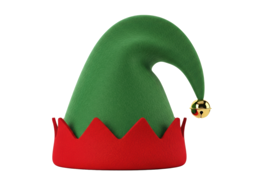A full object of a festive green elf hat with a pointed top, soft felt texture, red zigzag brim, and a golden jingle bell on a transparent isolated background, joyful holiday spirit