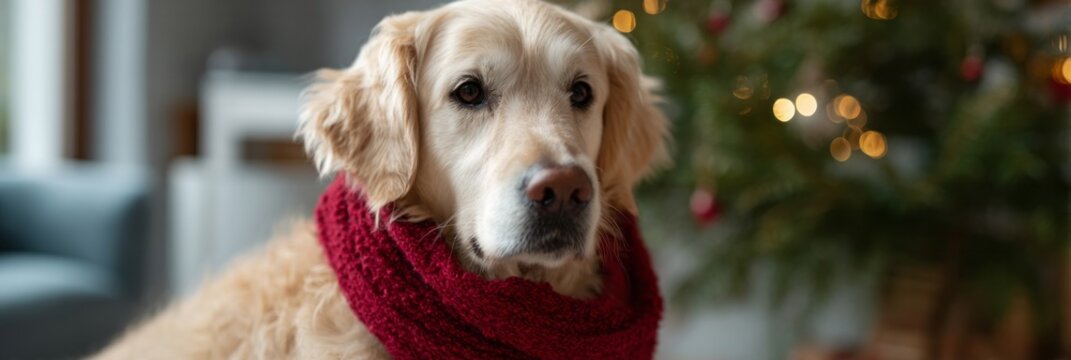 Golden retriever swathed in scarlet scarf, embodying festive yuletide warmth, capturing the essence of Holiday Hygge