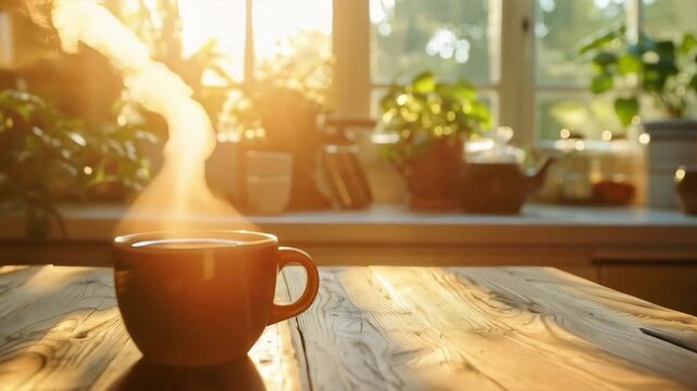 A cosy morning coffee on a wooden table overlooking a sunny windowsill and indoor plants. Perfect for articles about home comfort, morning rituals, interior design, healthy lifestyle blogs, and relaxa