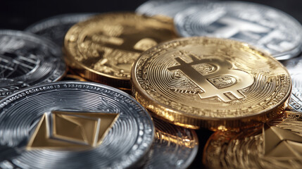 Várias moedas de Bitcoin empilhadas representando riqueza digital, investimento em criptomoedas, mercado financeiro e tendência global