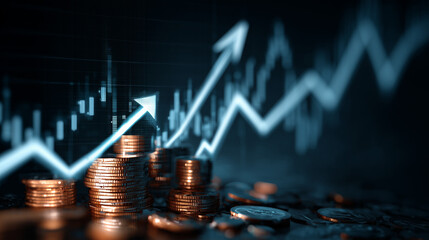 Gráfico em alta simboliza sucesso corporativo, melhorias financeiras, mercado aquecido e avanço consistente de desempenho