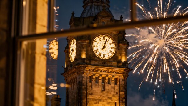 Big Ben clock tower with fireworks display at night  
