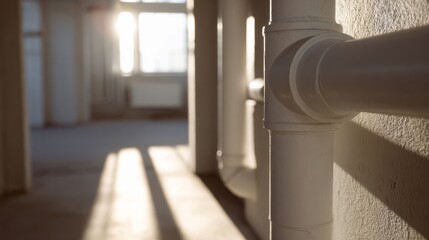Sunlight slants through shadowy pipe corridors, evoking Hygge's cozy embrace and World Plumbing Days unsung architectural marvels