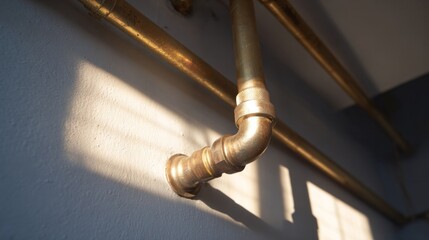 Golden sunlight dances on polished brass pipes, evoking industrial nostalgia, Copper Pipe Day celebration, steampunk ambiance, secret conduit tales
