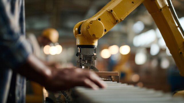 In this factory tableau, a robotic arm and Asian male technician collaborate, symbolic of International Workers' Day ingenuity