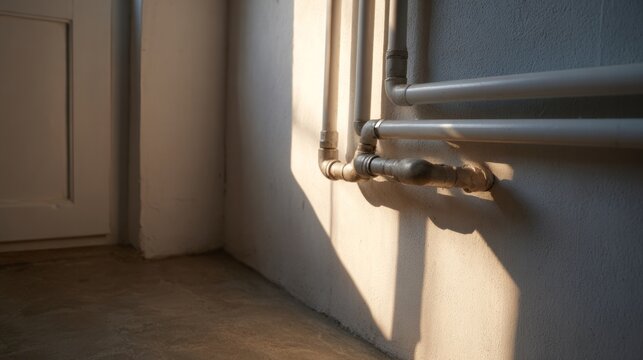 Sunlight dances with old pipes, creating an industrial symphony, evoking World Plumbing Day, steampunk nostalgia, warm hues