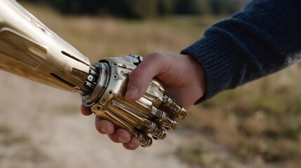 Handclasp between a young child and gleaming robot arm, evoking Futurism Day's wonders and Human-Robot Collaboration Week
