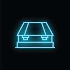 Blue neon sign of a suitcase, glowing on a dark background, representing travel and adventure