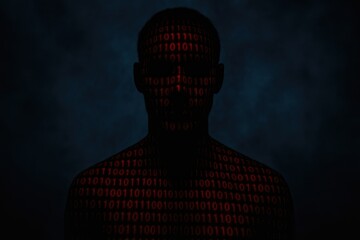 Silhouette of a human head and shoulders illuminated by glowing red binary code, data integration concept