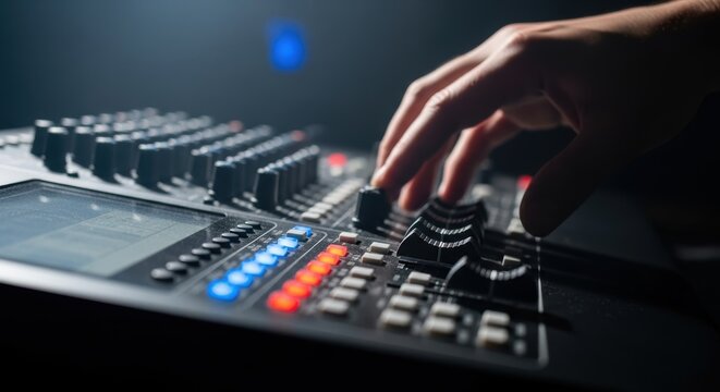 Close-up of mixing console with hand adjusting audio levels in studio