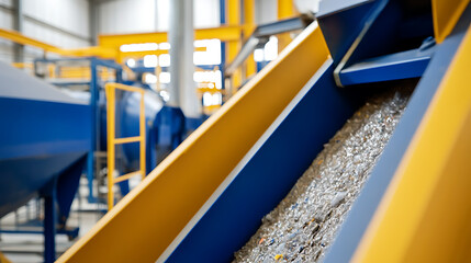 Naklejka premium Automated system on recycle center moving recyclable materials along a conveyor belt. Inside industrial setting showing machinery, and processes focused on resource recovery and sustainability.