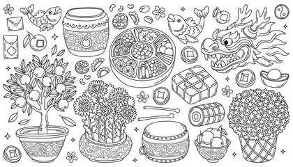 Collection of festive elements for Lunar New Year, Chinese New Year, Vietnamese Tet. Doodle outline illustrations, icons, coloring page. Tradition food, sweets, dragon, tangerine tree, drum, flowers.