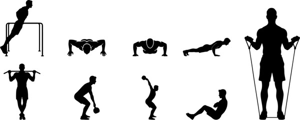 Workout Silhouette Set – Dips, Push-Ups, Planks, Squats, Kettlebell, Barbell, and Resistance Band Exercises in Black Vector Style on Transparent Background
