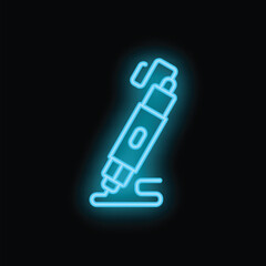 Blue glowing neon sign of a modern electronic signature pen drawing a line on a black background