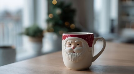 Santa face mug whispers warmth on a wooden table, embodying Yuletide nostalgia, hygge moments, and whimsical holiday coziness