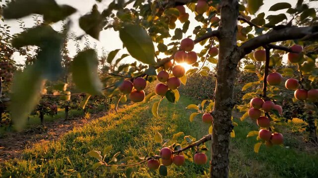 Sunset Over Apple Orchard with Ripe Fruits in Row of Trees