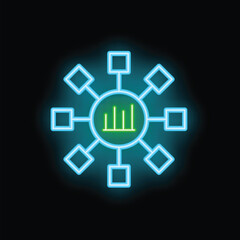 Neon sign showing a network of connections with a bar graph in the center, on a black background
