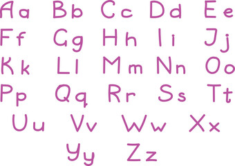 Handwritten english alphabet letters a to z in a casual font with a pink hue on a white background.