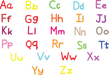 Colorful and playful uppercase and lowercase letters of the english alphabet arranged in rows on a white background.