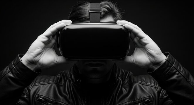 Young caucasian male immersed in virtual reality with vr headset