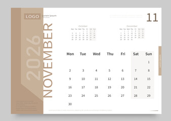 The calendar for November 2026 is white and beige. The layout of the calendar for November 2026 with the date of the beginning of the week on Monday. Vector EPS 10.