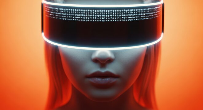Futuristic female wearing vr headset with neon lights against orange background
