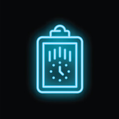 Blue neon sign showing a clock inside a clipboard, representing the concept of time management