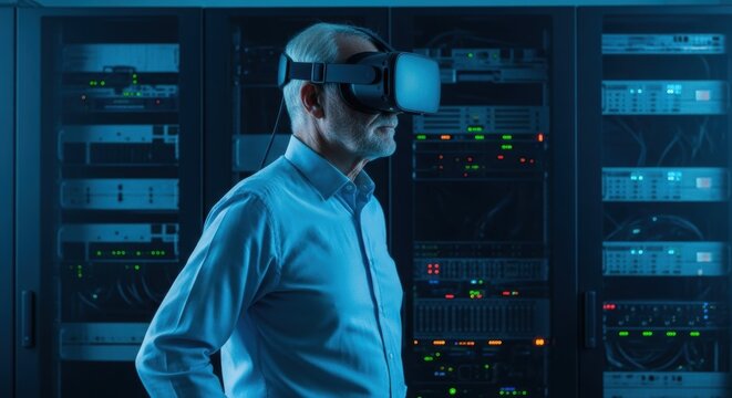 Elderly caucasian male experiencing virtual reality in server room