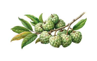 Fototapeta premium Sweet custard apples branch delicious tropical fruit healthy exotic produce vibrant green leaves natural