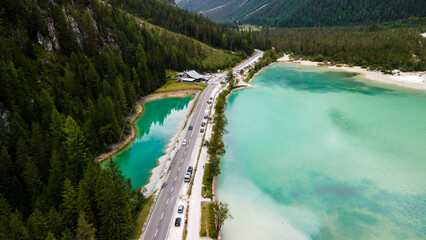 Road between twin emerald lakes, Dolomites