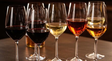 Wine glasses in a row, with various colors, on a reflective surface