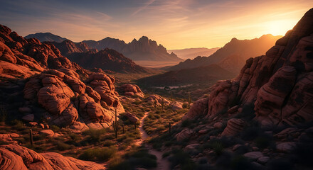 Aerial view of a desert landscape with mountains and a winding path at sunset golden hour light ai generated