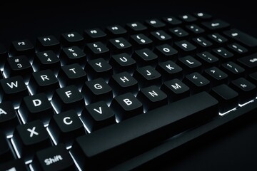 Illuminated keyboard keys with letters and symbols for typing and gaming