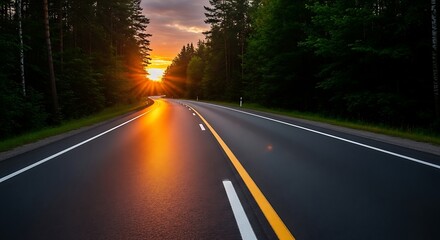 Obraz premium Scenic view of an asphalt road leading towards the horizon at sunset, with sun rays piercing through the trees, creating a sense of adventure and travel