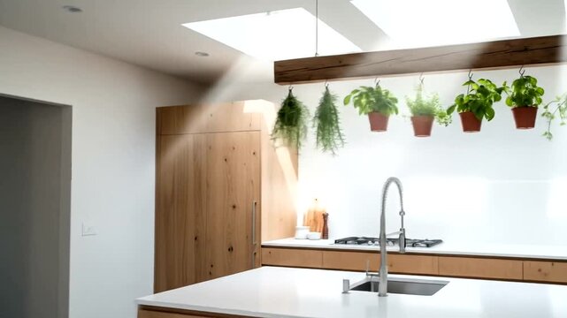 Modern kitchen with wooden cabinetry, bright skylights, and hanging plants, creating a serene ambiance