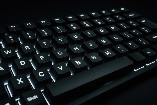 Illuminated keyboard keys with letters and symbols for typing and gaming