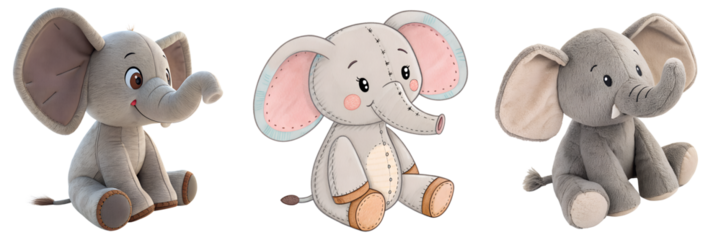 Set of a plush elephant toy isolated on a transparent background